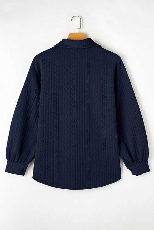 Cable Texture Button Front Puff Sleeve Shacket